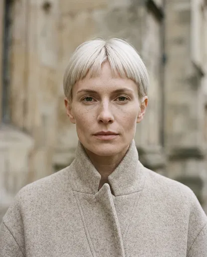 Woman With Platinum Blonde Pixie Cut