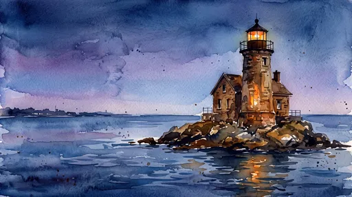 Watercolor Stone Lighthouse at Blue Hour