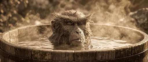 Grumpy Macaque Soaking in Steaming Wooden Tub