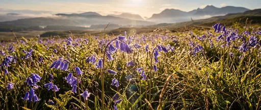 Sunlit Bluebell Meadow in Mountain Landscape