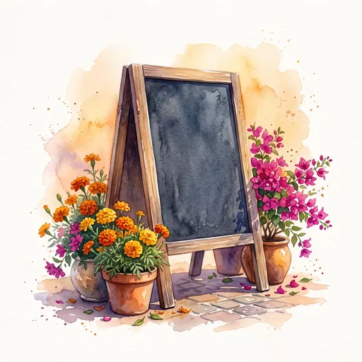 Watercolor A-Frame Chalkboard With Potted Flowers