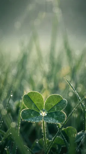 Backlit Four-Leaf Clover With Morning Dewdrop