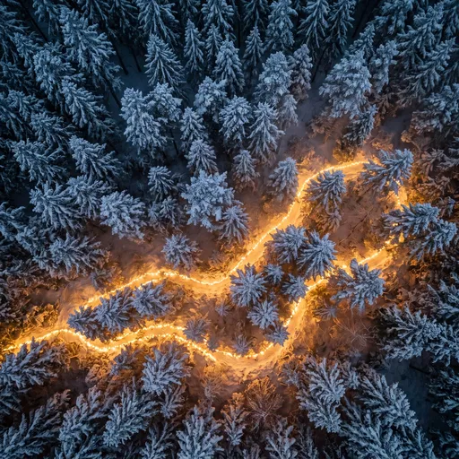 Aerial Illuminated Winter Forest Trail