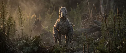 Feathered Raptor in Misty Prehistoric Marsh