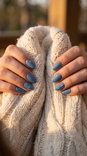 Blue Denim Nail Art on Cream Sweater