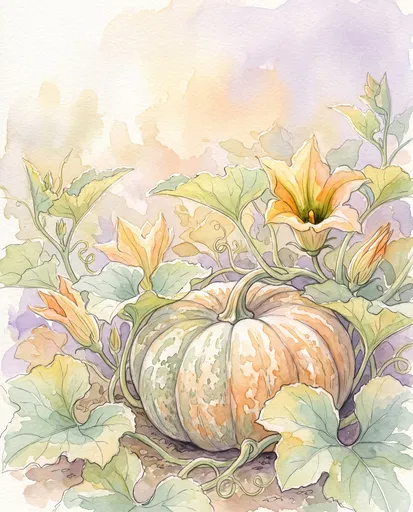 Pastel Watercolor Calabaza Squash and Blossoms