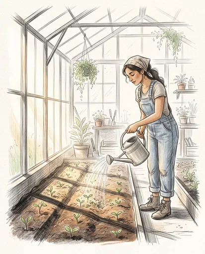 Woman Watering Sprouts in Greenhouse Illustration