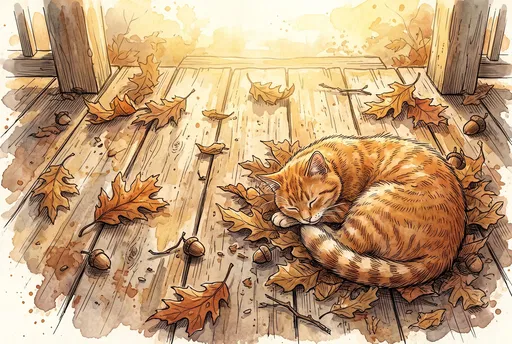 Sleeping Orange Cat on Autumn Porch