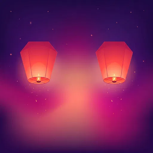 Two Glowing Red Sky Lanterns at Twilight