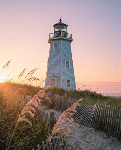 Pastel Blue Wooden Lighthouse at Sunset