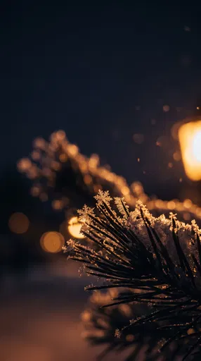 Frosty Pine Branch Illuminated at Night