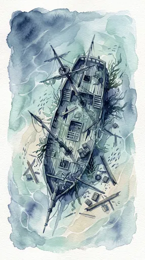 Top-Down Watercolor Sunken Shipwreck Illustration