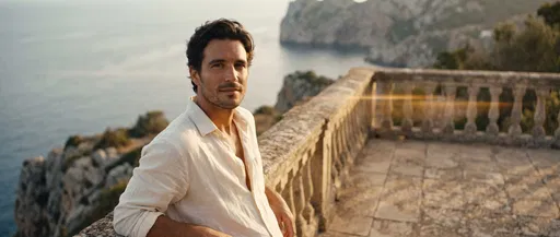 Man on Coastal Stone Terrace at Sunset