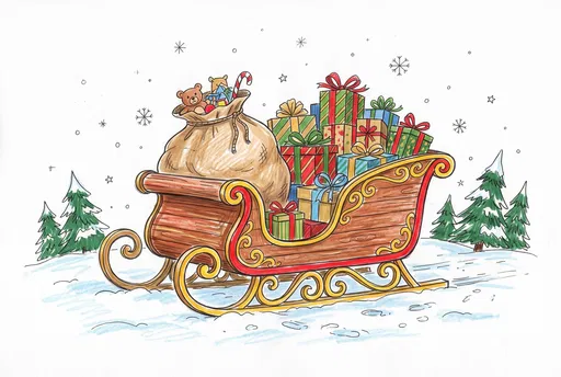 Hand-Drawn Santa Sleigh With Christmas Gifts