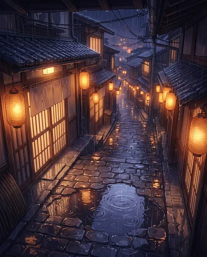 Rainy Anime Alleyway With Glowing Lanterns
