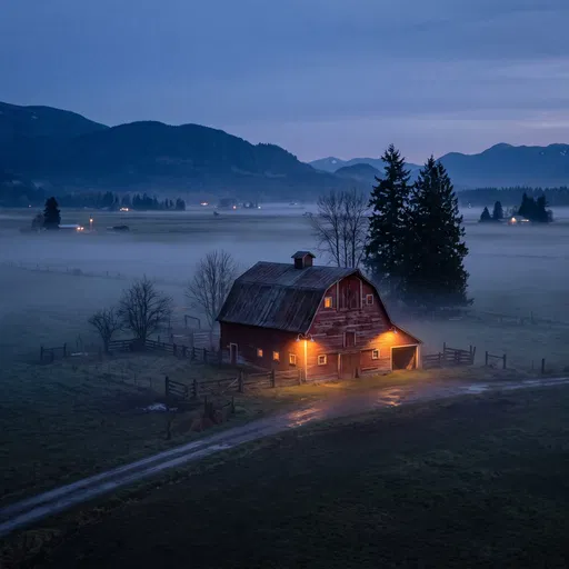 Red Barn in Misty Twilight Valley