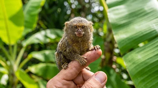 Pygmy Marmoset Perched on Human Finger
