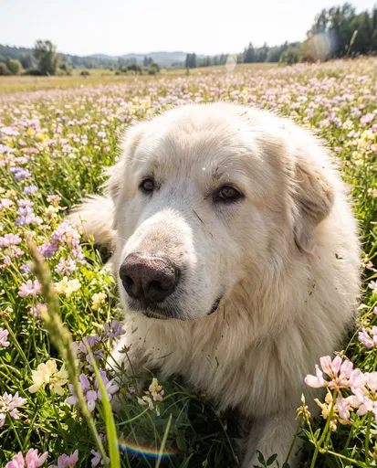 Great Pyrenees Lying in Wildflower Meadow