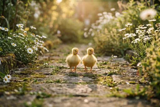 Two Yellow Ducklings on Garden Path