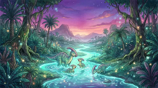 Cartoon Dinosaurs in Glowing Twilight River