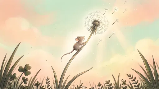 Mouse Climbing Dandelion in Pastel Sky