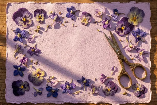Pressed Purple Flowers and Scissors Flat Lay