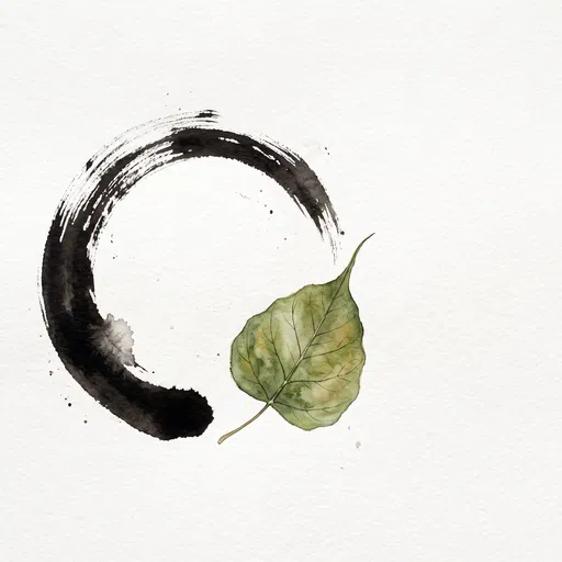 Watercolor Zen Enso Circle and Bodhi Leaf