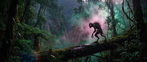 Chupacabra Creature on Log in Misty Jungle