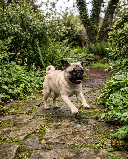 Playful Pug Puppy Running in Lush Garden
