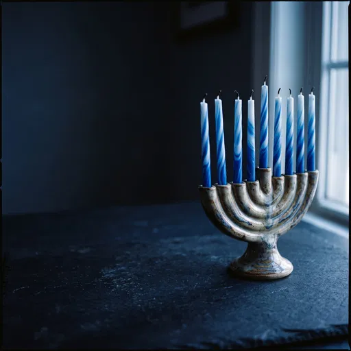 Ceramic Menorah With Blue Swirled Candles