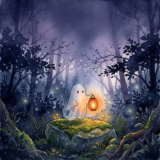 Cute Ghost Holding Lantern in Night Forest