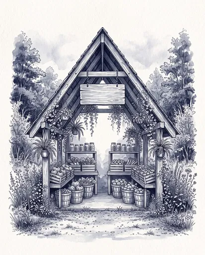 Indigo Watercolor Illustration of Rustic Farm Stand