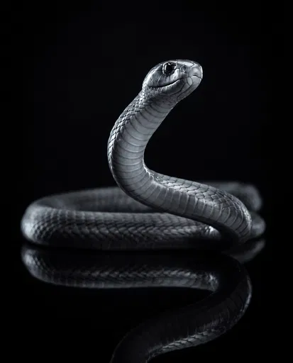 Black Mamba Rearing on Reflective Surface