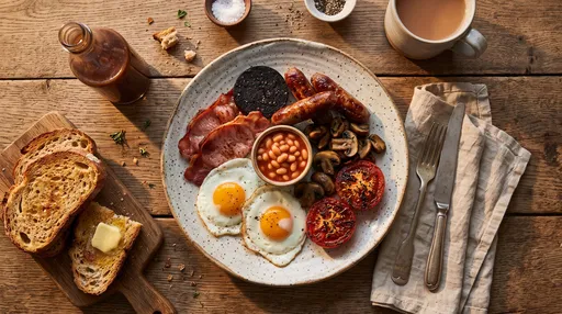 Full English Breakfast Flat Lay on Wood