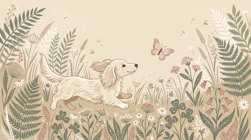 Cream Dachshund Chasing Butterfly Illustration