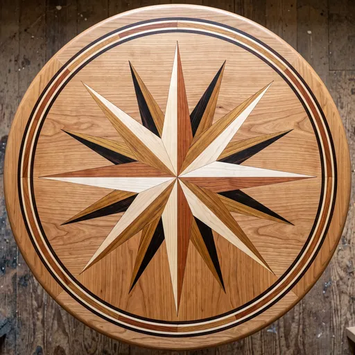 Wooden Marquetry Compass Rose Tabletop
