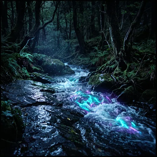 Glowing Bioluminescent Stream in Dark Forest