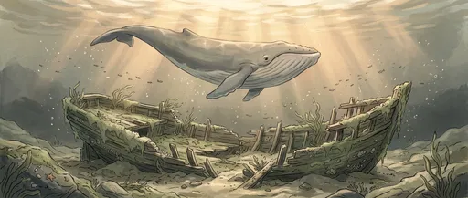 Cartoon Whale Swimming Over Sunken Shipwreck