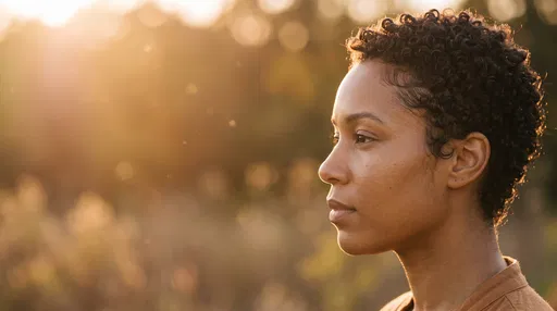 Woman with Curly Pixie Cut at Sunset
