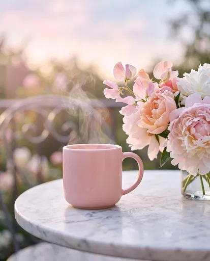 Steaming Pink Mug and Flowers Outdoors