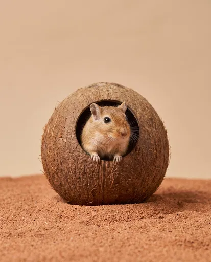 Gerbil Poking Out of Coconut Hideout