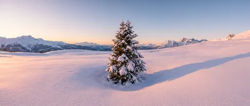 Solitary Snowy Evergreen in Alpine Meadow