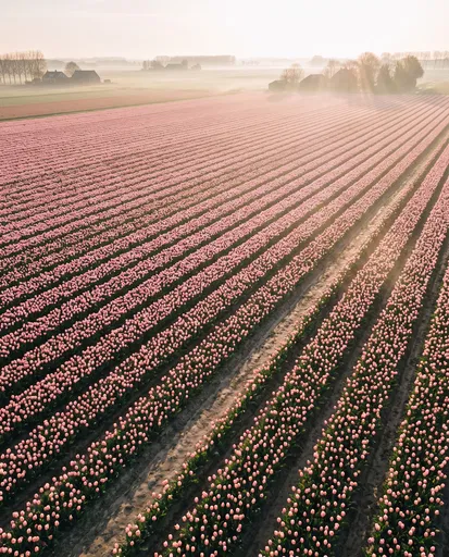 Aerial View of Misty Pink Tulip Field