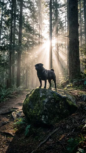 Black Pug Standing on Mossy Forest Boulder