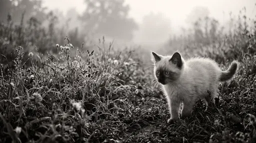Siamese Kitten in Misty Morning Meadow