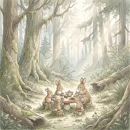 Woodland Bunny Family Tea Party Illustration