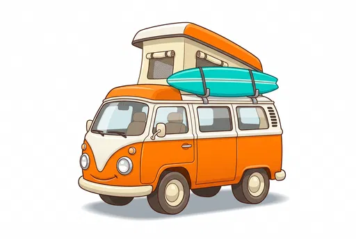Cartoon Orange Camper Van With Surfboard