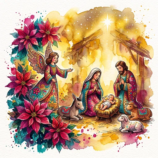 Watercolor Folk Art Christmas Nativity Illustration