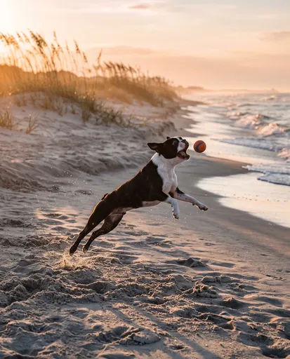 Boston Terrier Catching Ball on Sunset Beach