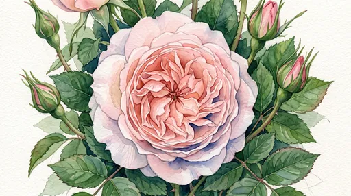Botanical Watercolor of Pink Rose and Buds